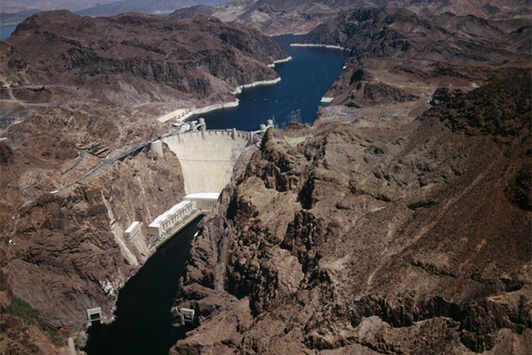 An aerial image of the Hoover Dam