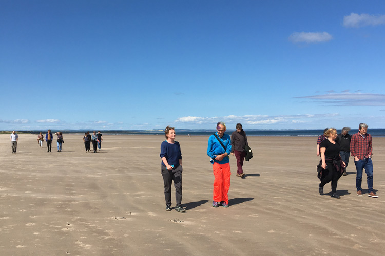 Members of staff from Psychology and Neuroscience walking on the beach in the sunshine.