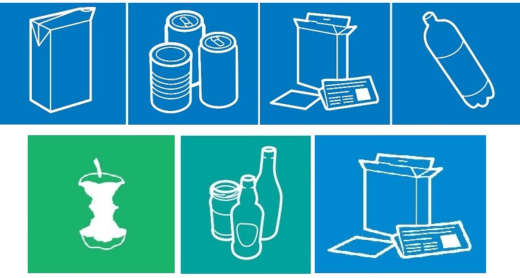 White images on coloured backgrounds of items that can be recycled such as bottles and cans