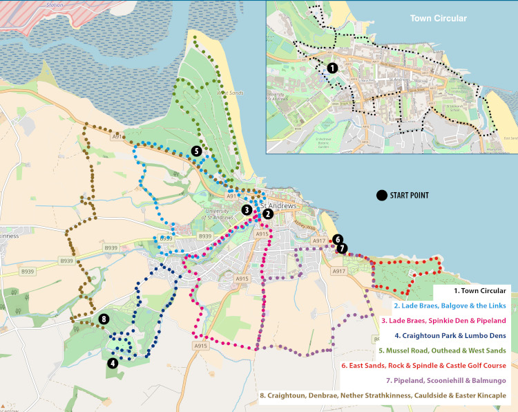 Map of St Andrews pointing out eight public walking paths